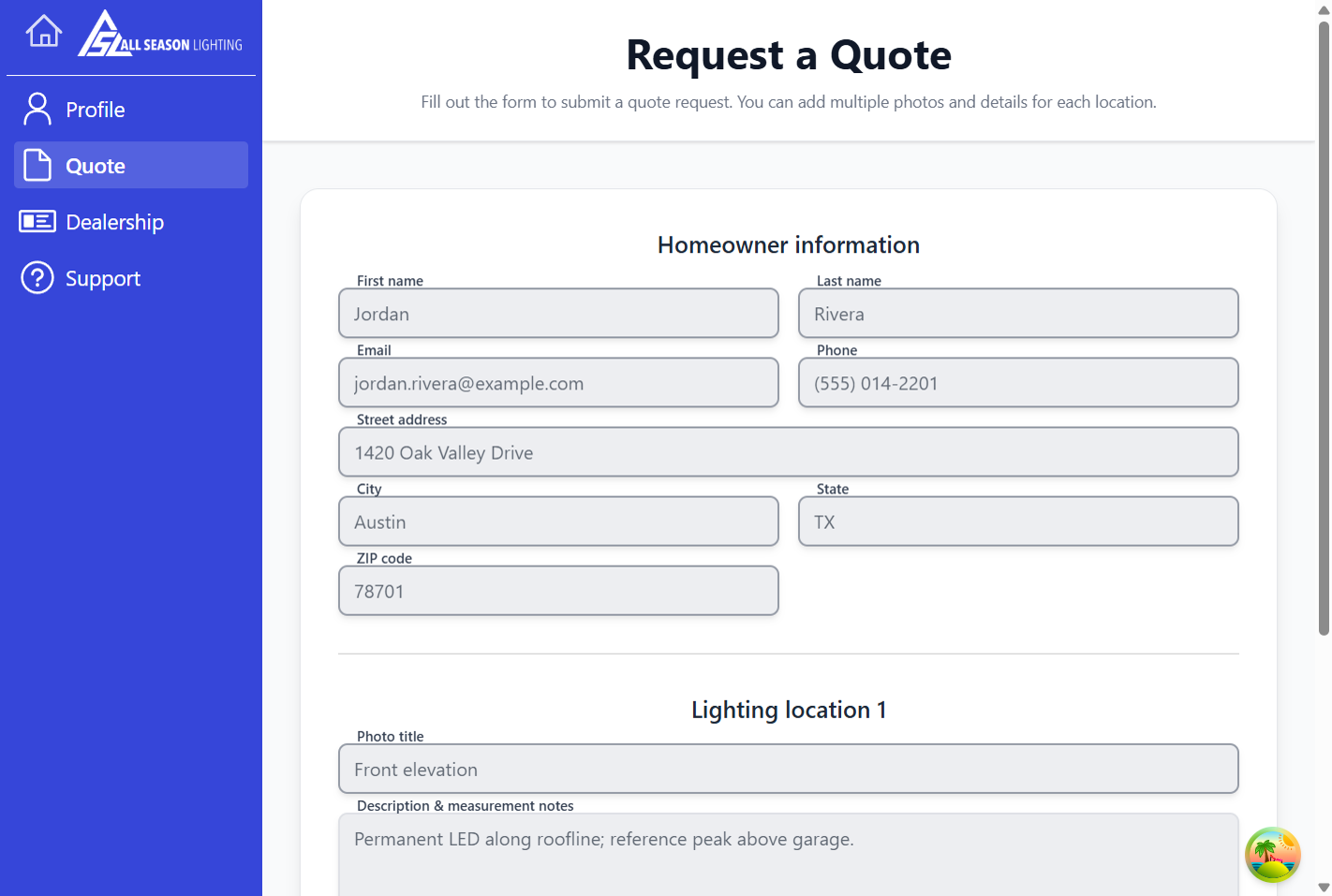 ASL lighting quote and e-sign contract workflow screenshot